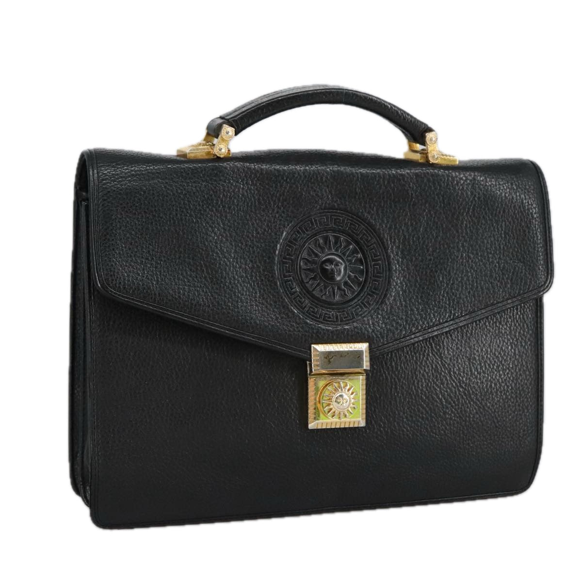 VERSACE Hand Bag Leather Black Gold Auth bs19926