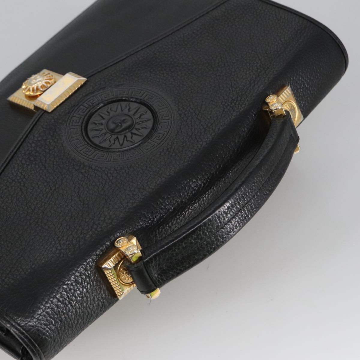 VERSACE Hand Bag Leather Black Gold Auth bs19926