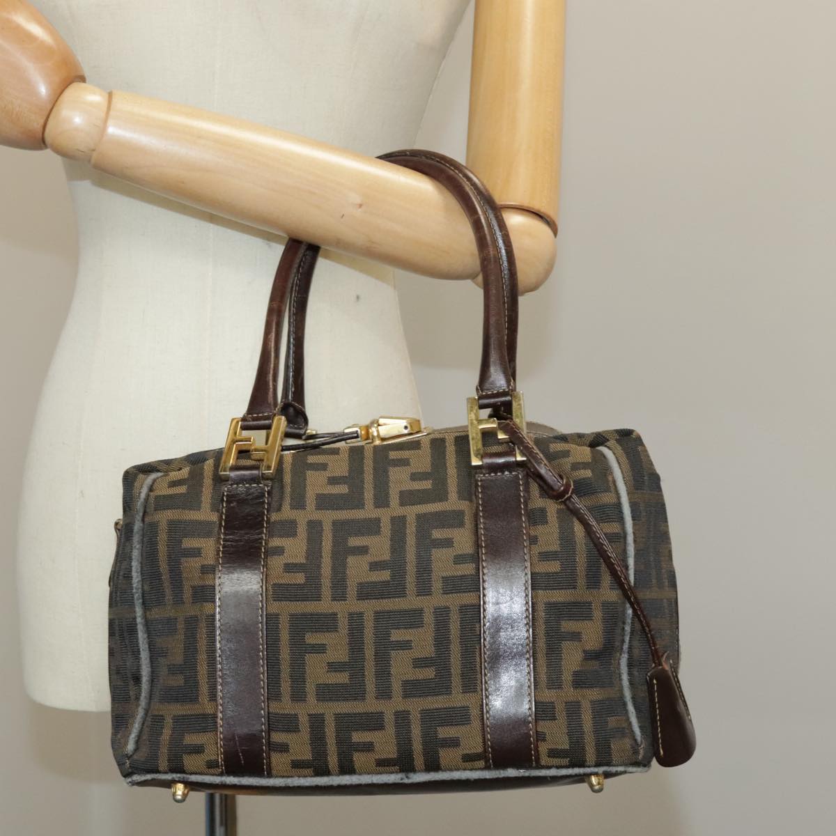 FENDI Zucca Canvas Hand Bag Brown Black Gold Auth bs19936