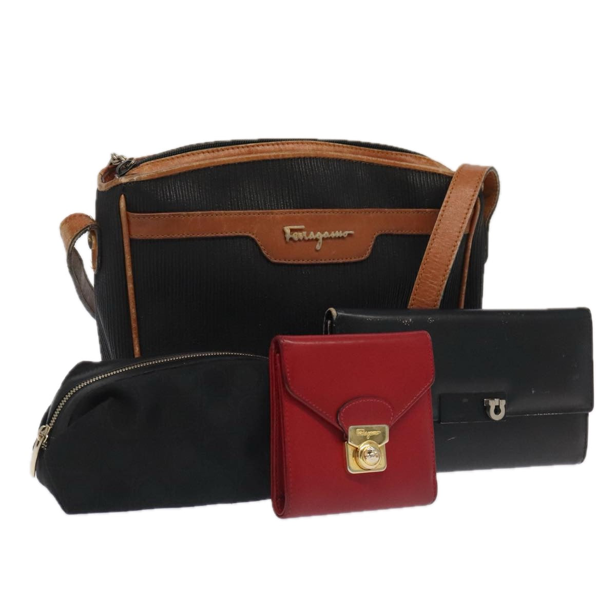 Salvatore Ferragamo Wallet Bag Canvas PVC Leather 4Set Black Red Auth bs19943