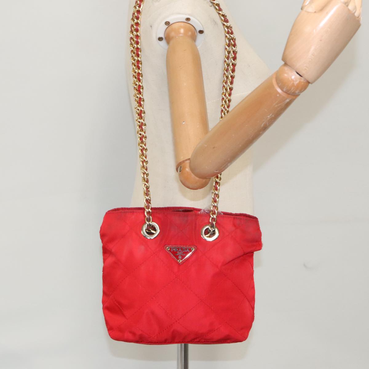 PRADA Chain Shoulder Bag Nylon Red Gold Auth bs19969