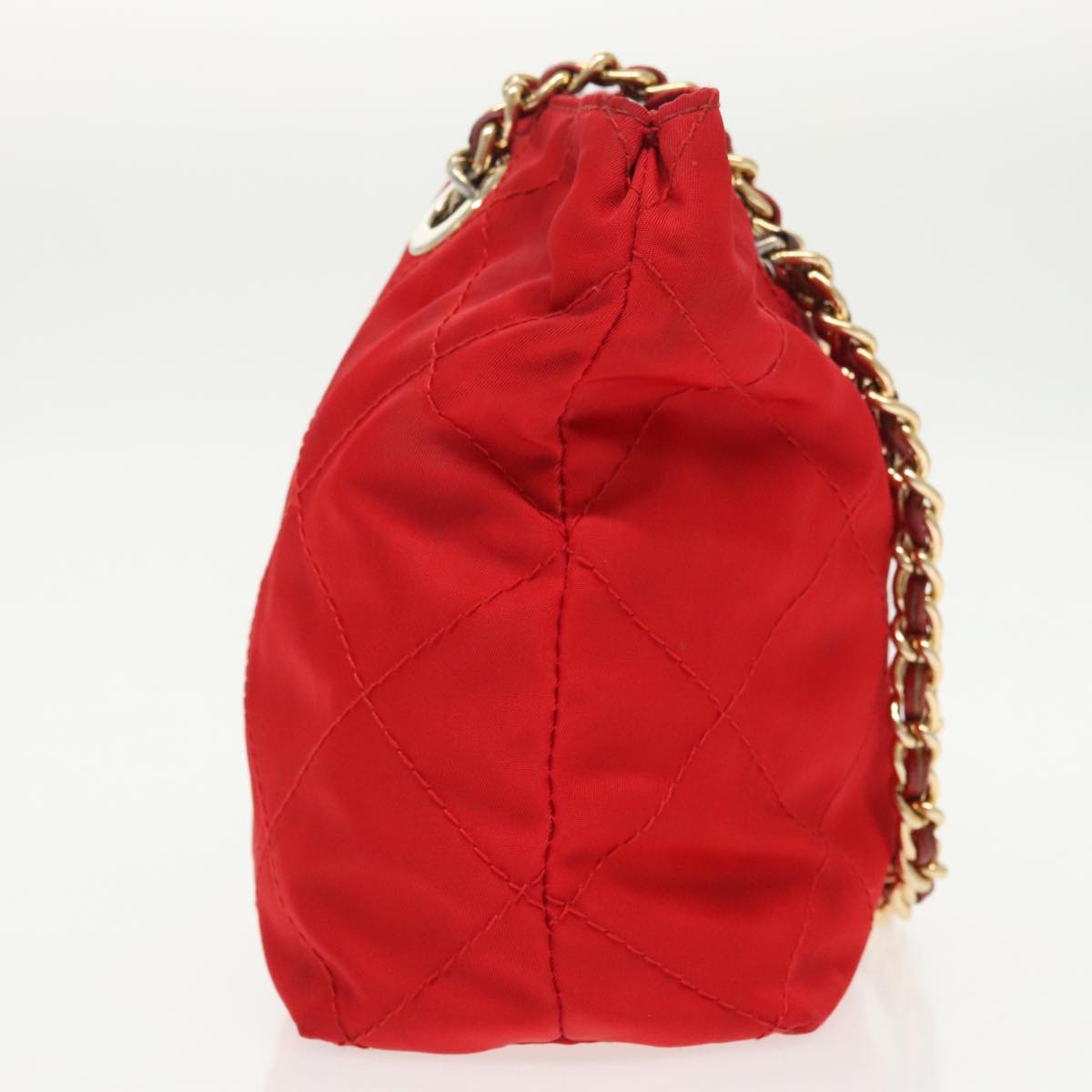 PRADA Chain Shoulder Bag Nylon Red Gold Auth bs19969