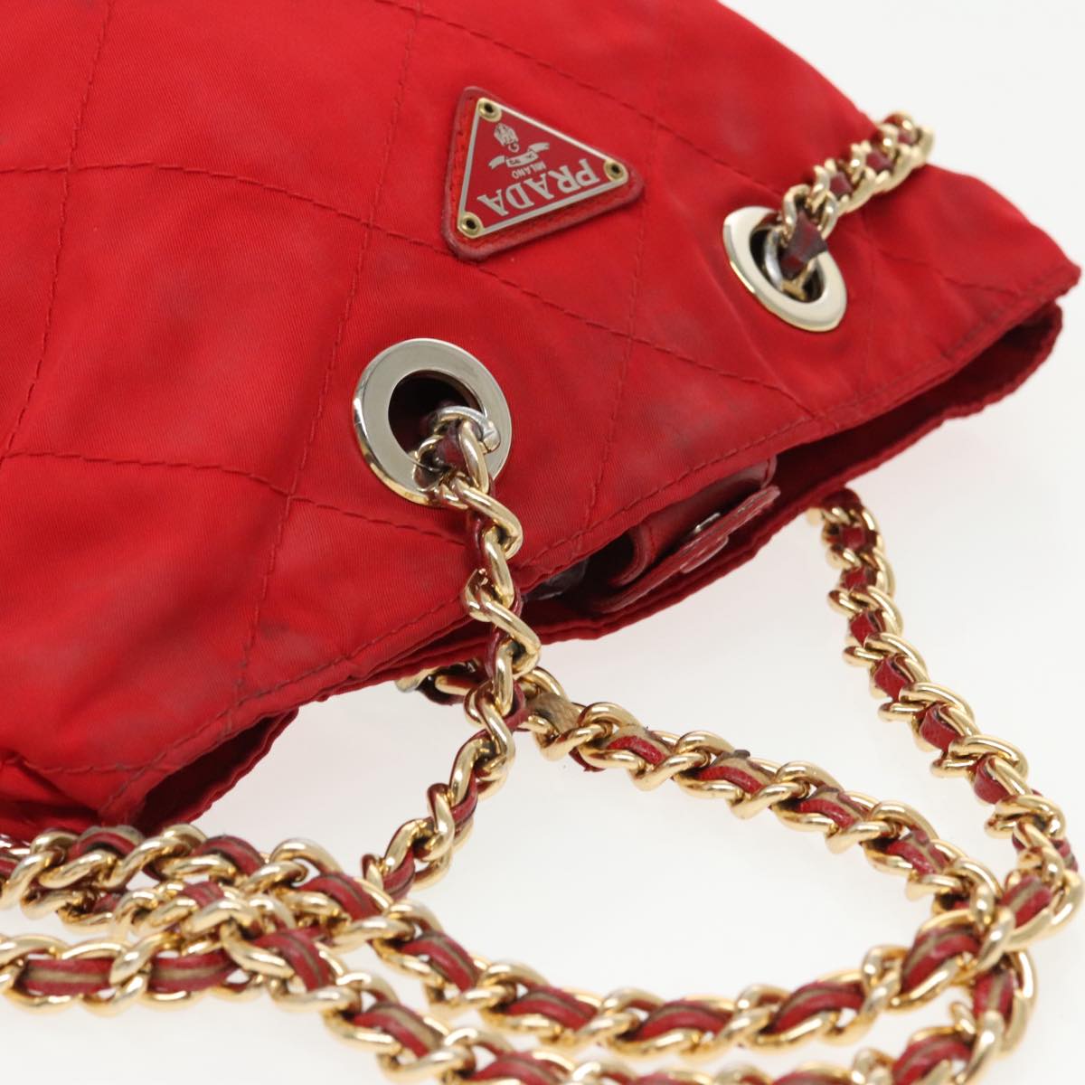 PRADA Chain Shoulder Bag Nylon Red Gold Auth bs19969