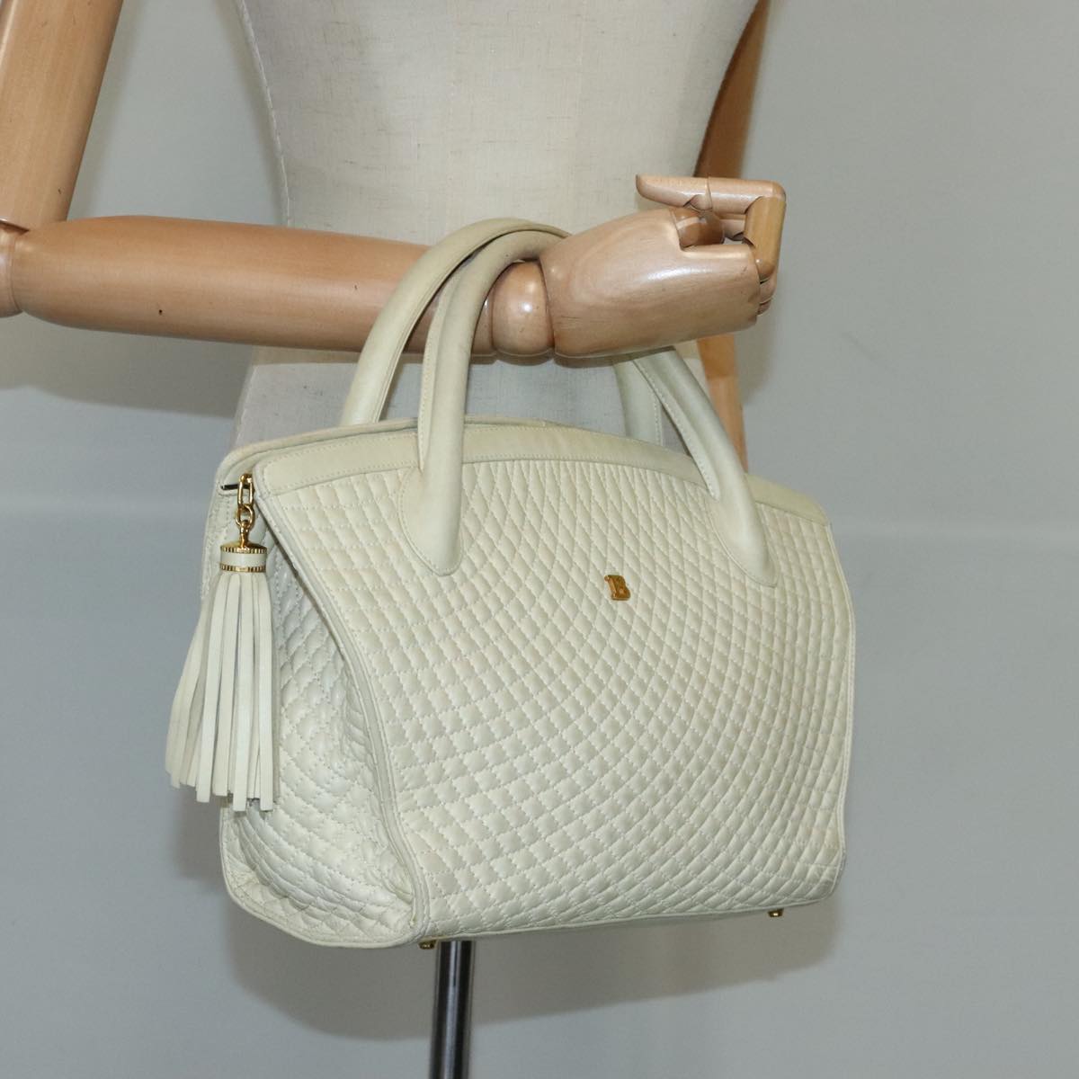 BALLY Hand Bag Leather Beige Gold Auth bs19978