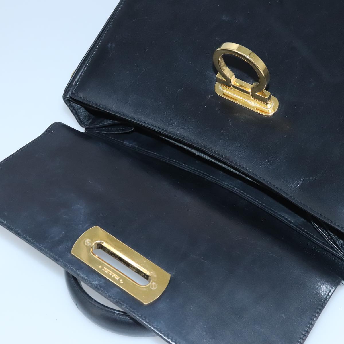 Salvatore Ferragamo Gancini Hand Bag Leather 2way Black Gold Auth bs19984