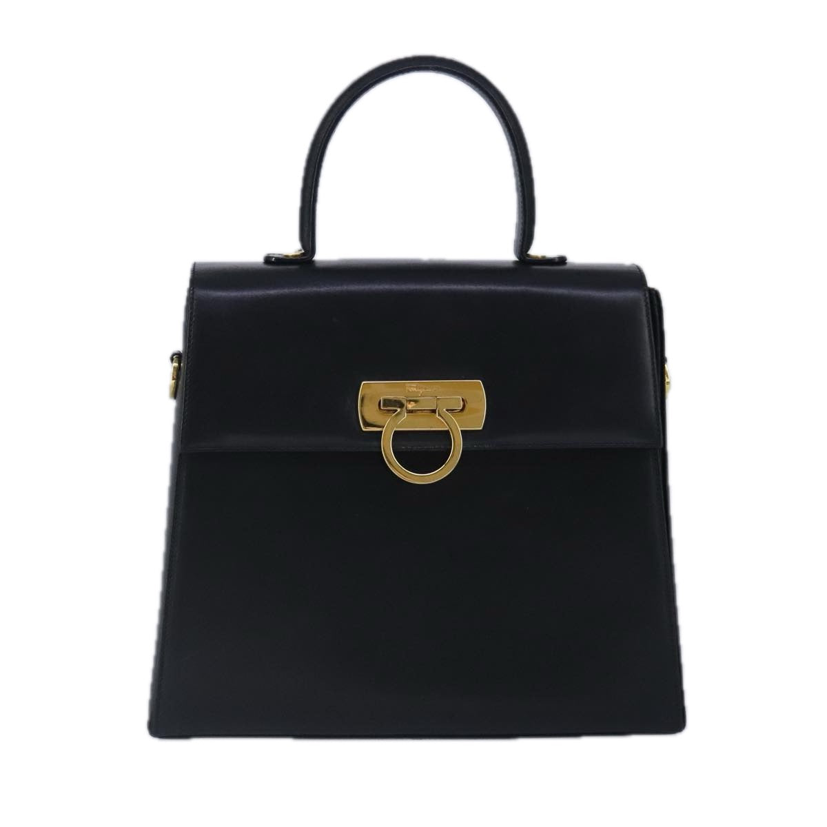 Salvatore Ferragamo Gancini Hand Bag Leather 2way Black Gold Auth bs19984