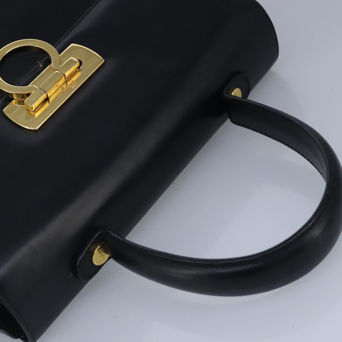 Salvatore Ferragamo Gancini Hand Bag Leather 2way Black Gold Auth bs19984