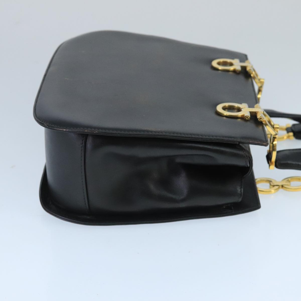 Salvatore Ferragamo Gancini Hand Bag Leather Black Gold Auth bs19985