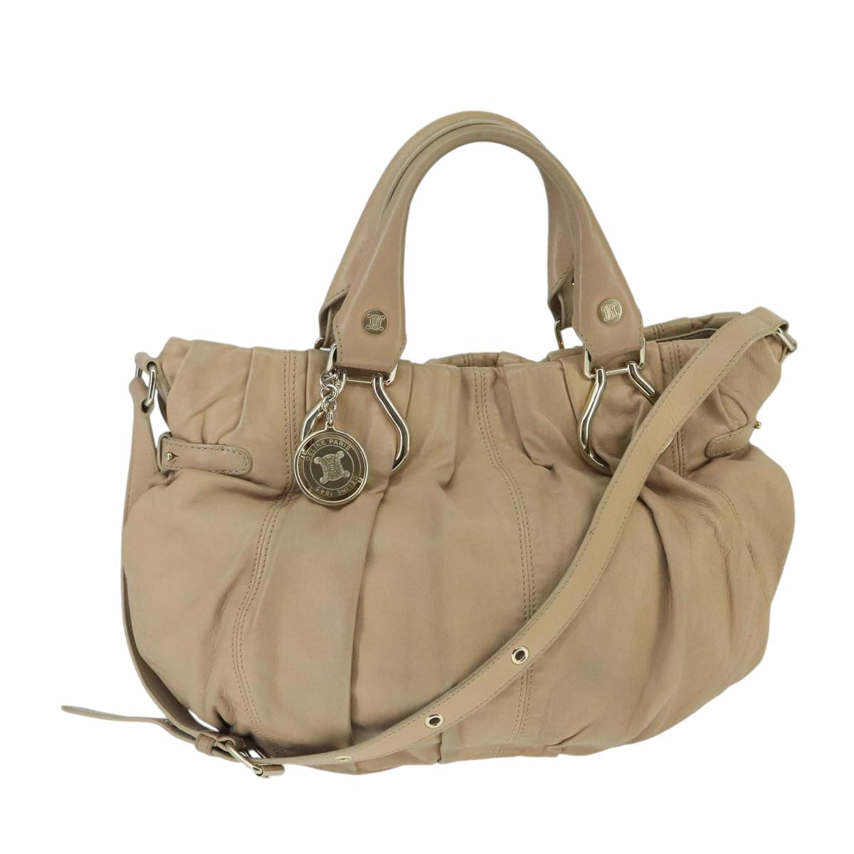 CELINE Hand Bag Leather 2way Beige Gold Auth bs19997