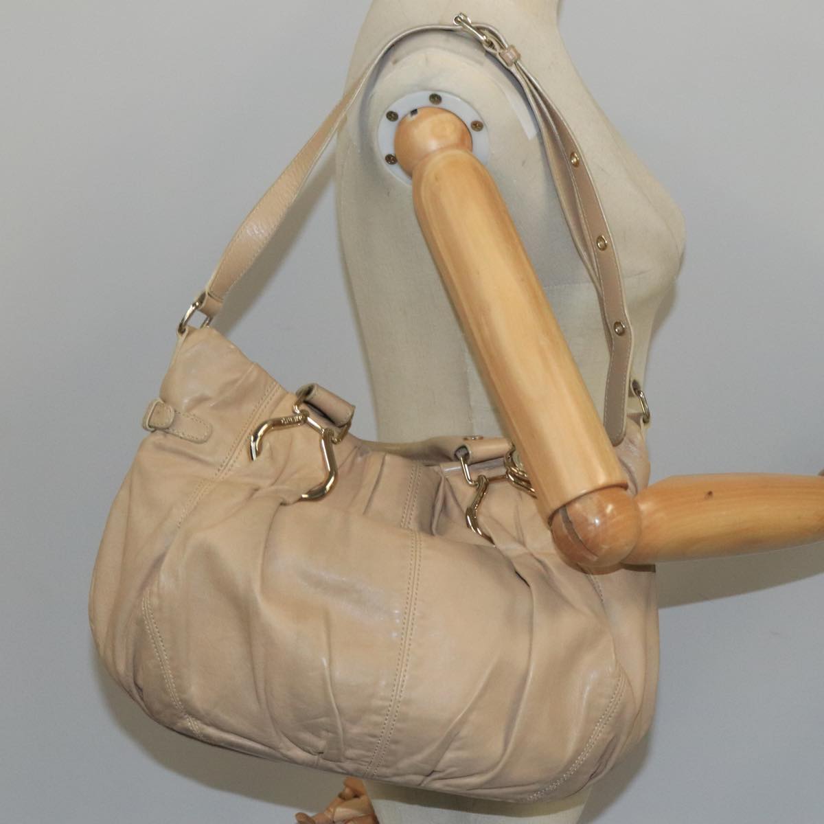 CELINE Hand Bag Leather 2way Beige Gold Auth bs19997