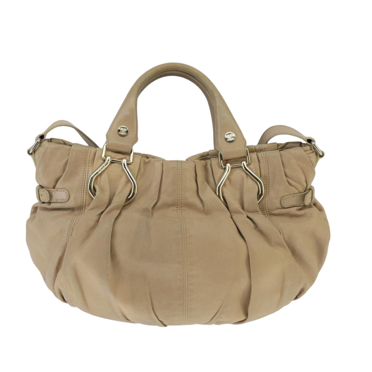 CELINE Hand Bag Leather 2way Beige Gold Auth bs19997