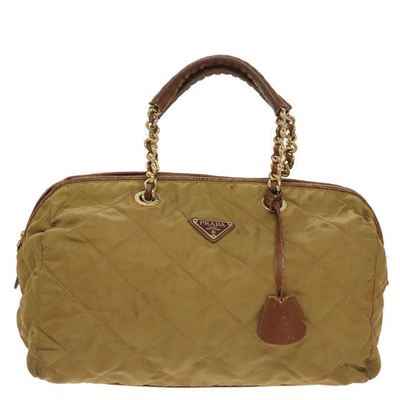 PRADA Chain Hand Bag Nylon Beige Gold Auth bs19999