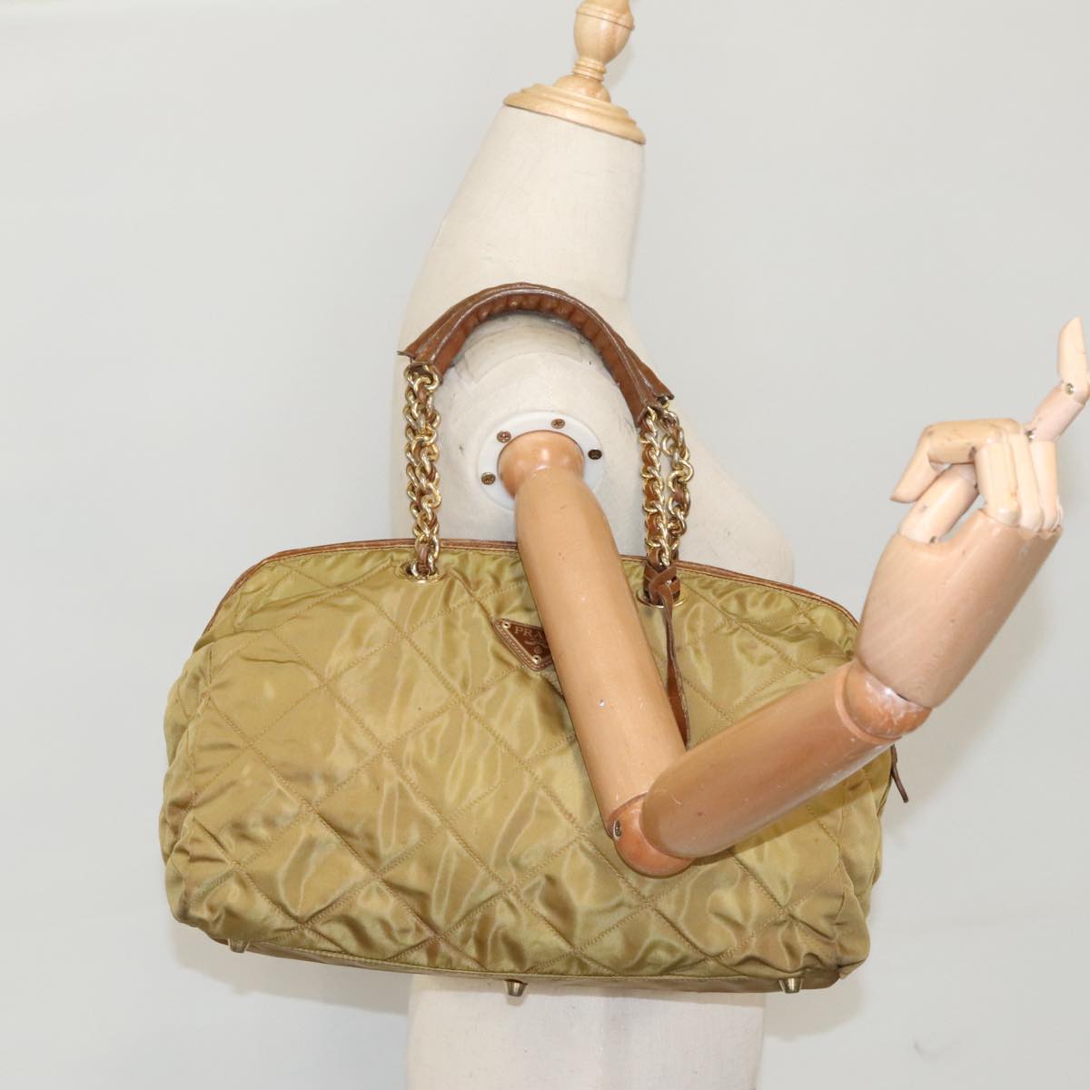 PRADA Chain Hand Bag Nylon Beige Gold Auth bs19999