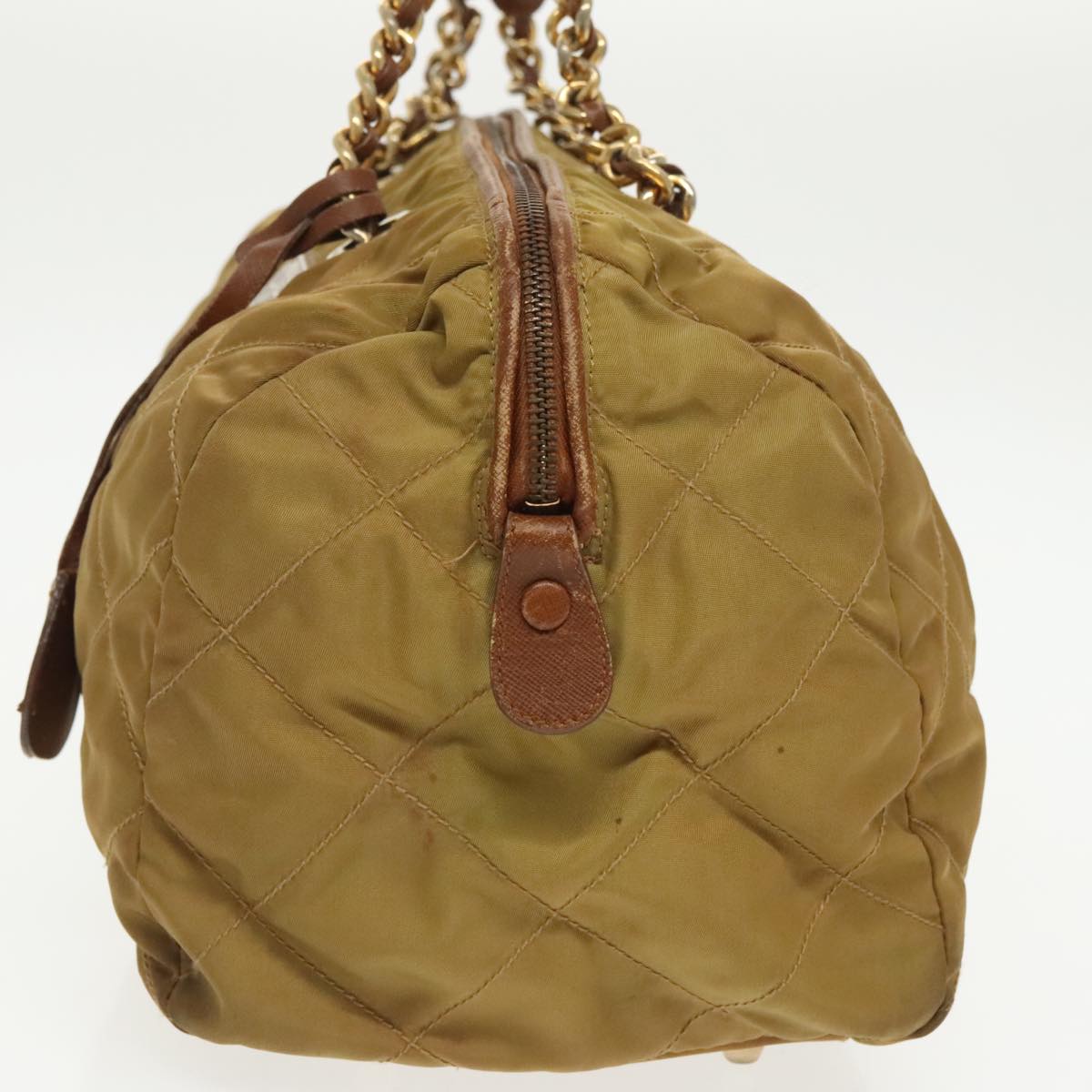 PRADA Chain Hand Bag Nylon Beige Gold Auth bs19999