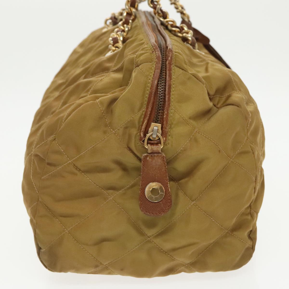 PRADA Chain Hand Bag Nylon Beige Gold Auth bs19999