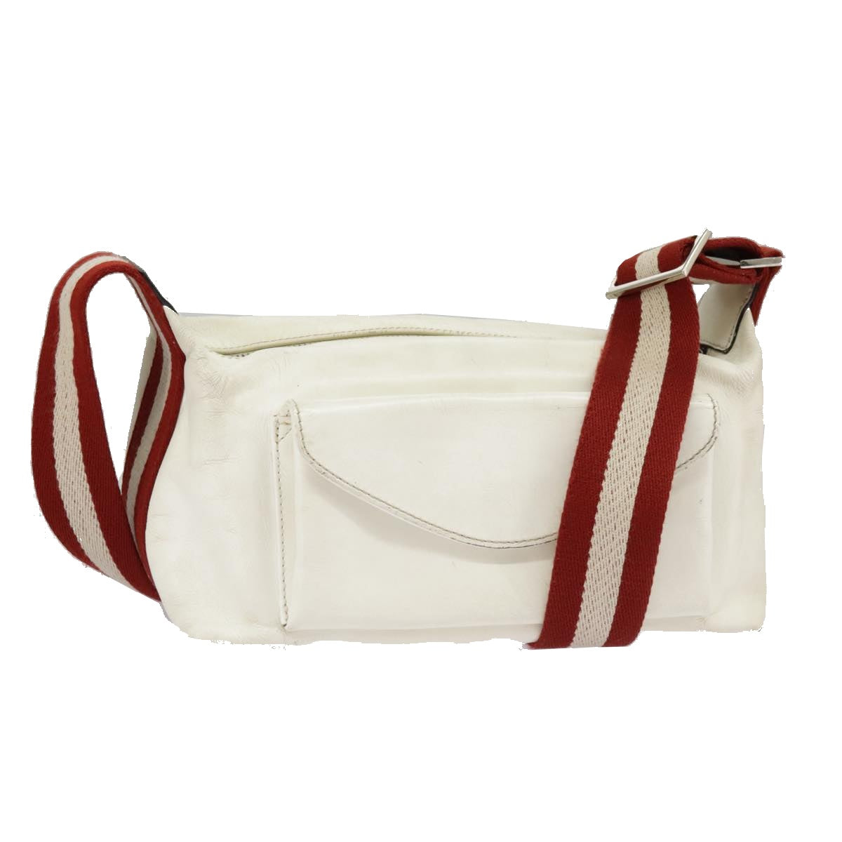 BALLY Shoulder Bag Leather Canvas White Red Silver Auth bs20018