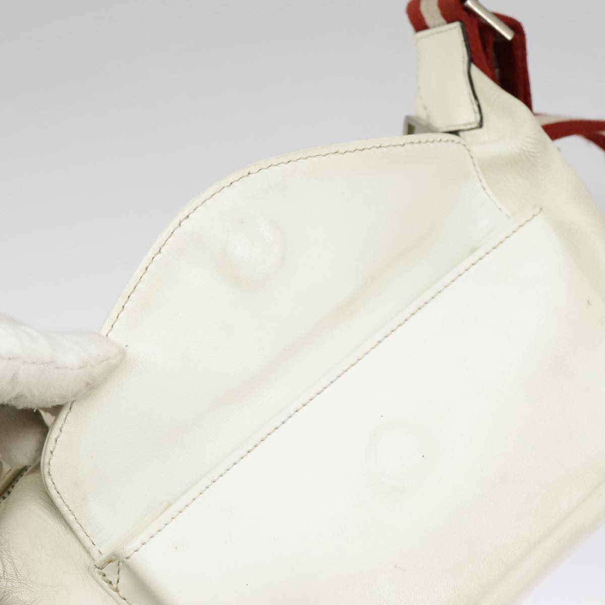 BALLY Shoulder Bag Leather Canvas White Red Silver Auth bs20018