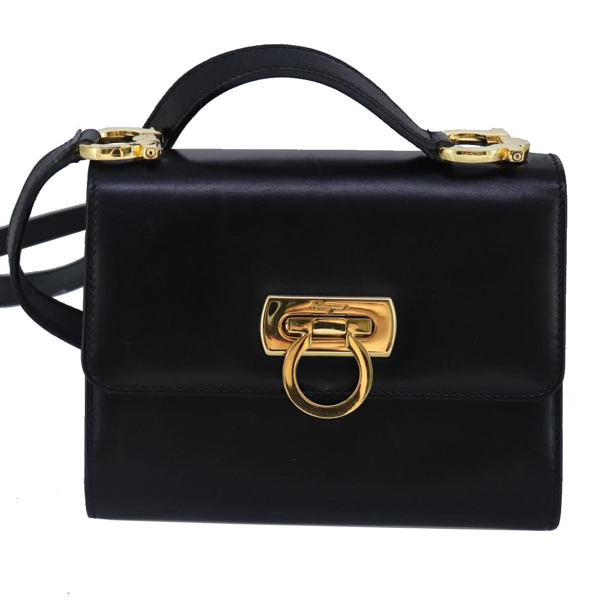 Salvatore Ferragamo Gancini Shoulder Bag Leather Black Gold Auth bs20021