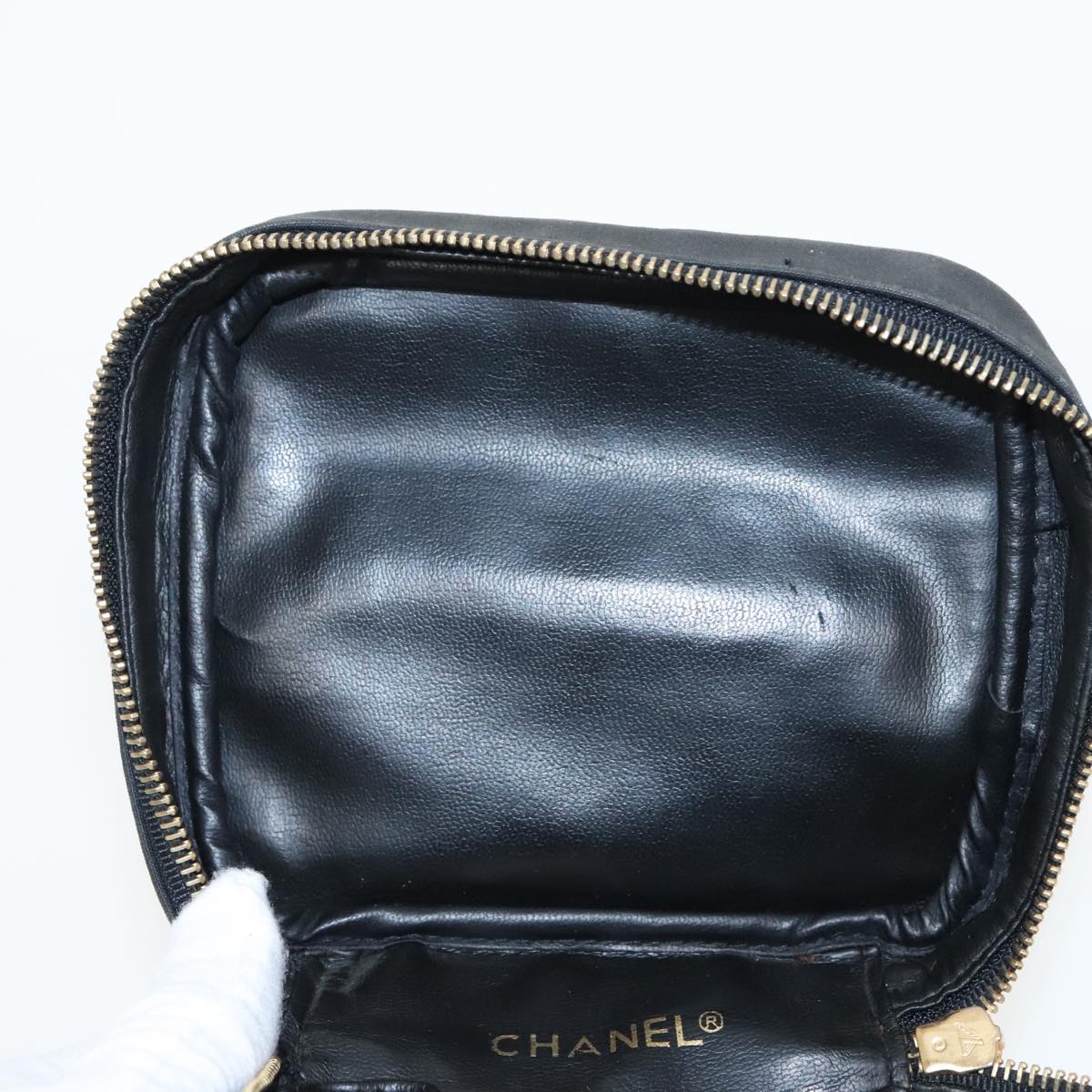 CHANEL Bicolore Vanity Cosmetic Pouch Canvas Leather Black Gold CC Auth bs20025