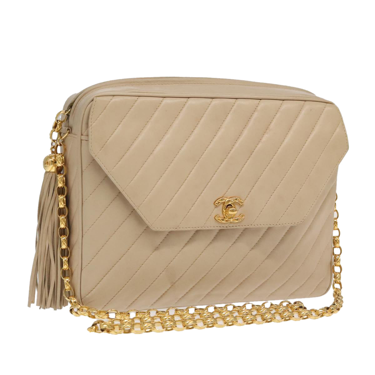 CHANEL Mademoiselle Chain Shoulder Bag Lamb Skin Beige Gold CC Auth bs20028