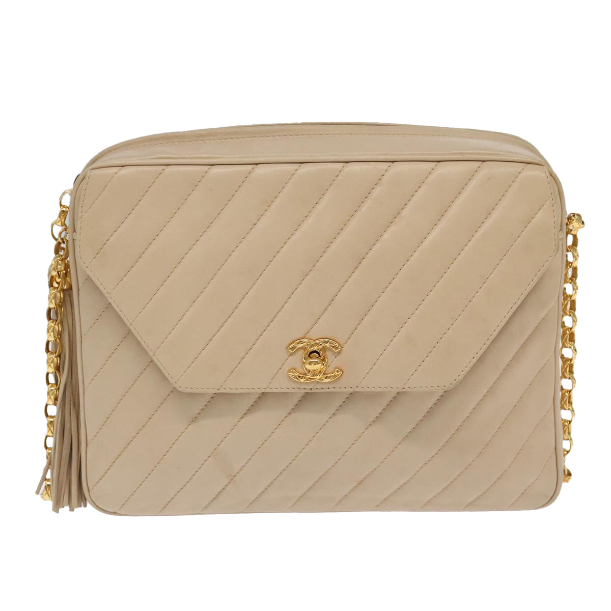 CHANEL Mademoiselle Chain Shoulder Bag Lamb Skin Beige Gold CC Auth bs20028 - 0