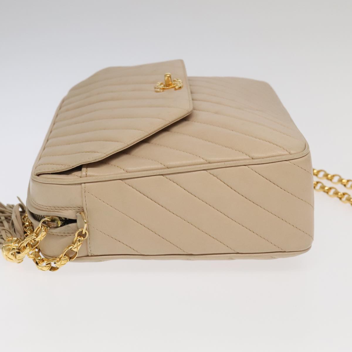 CHANEL Mademoiselle Chain Shoulder Bag Lamb Skin Beige Gold CC Auth bs20028