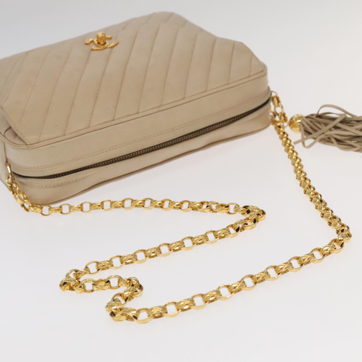 CHANEL Mademoiselle Chain Shoulder Bag Lamb Skin Beige Gold CC Auth bs20028