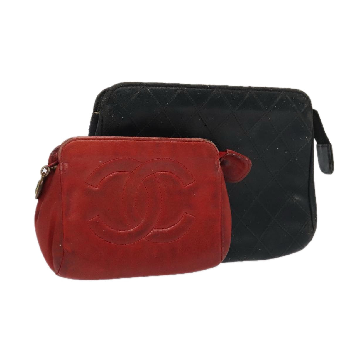 CHANEL Pouch Lamb Skin 2Set Black Red CC Auth bs20043