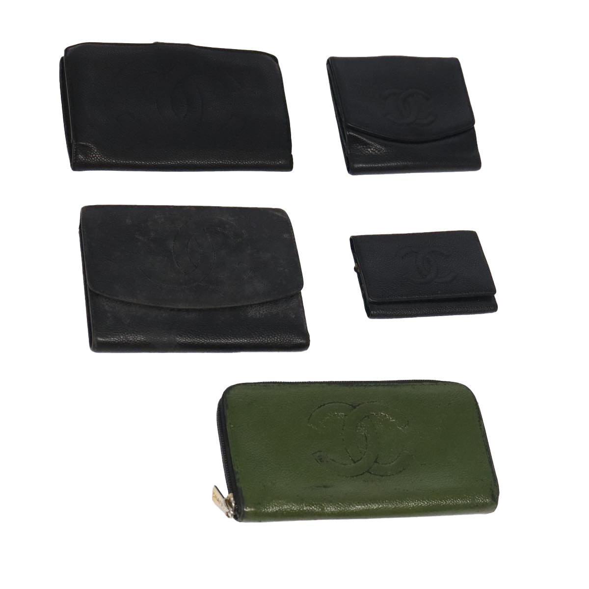 CHANEL Wallet Caviar Skin 5Set Black Green CC Auth bs20044