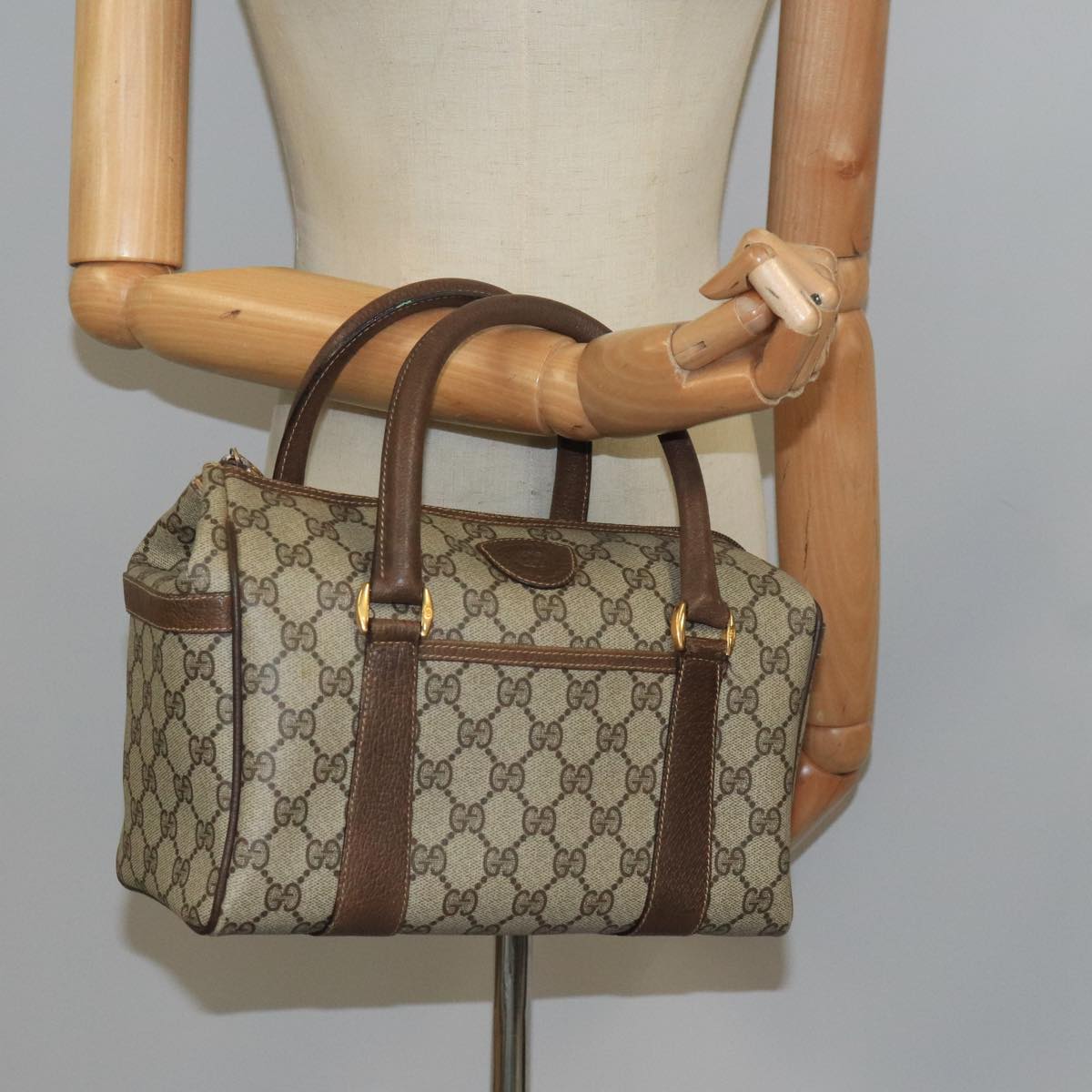 GUCCI GG Supreme Boston Bag PVC Leather Beige Gold 000 40 0207 Auth bs20064