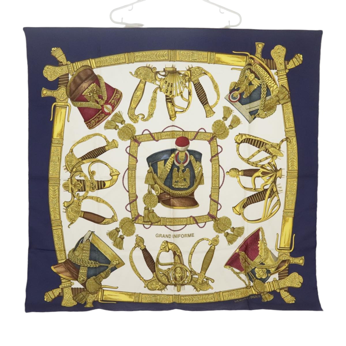 HERMES Carre 90 Scarf ""GRAND UNIFORME"" Silk Blue White Auth bs20088