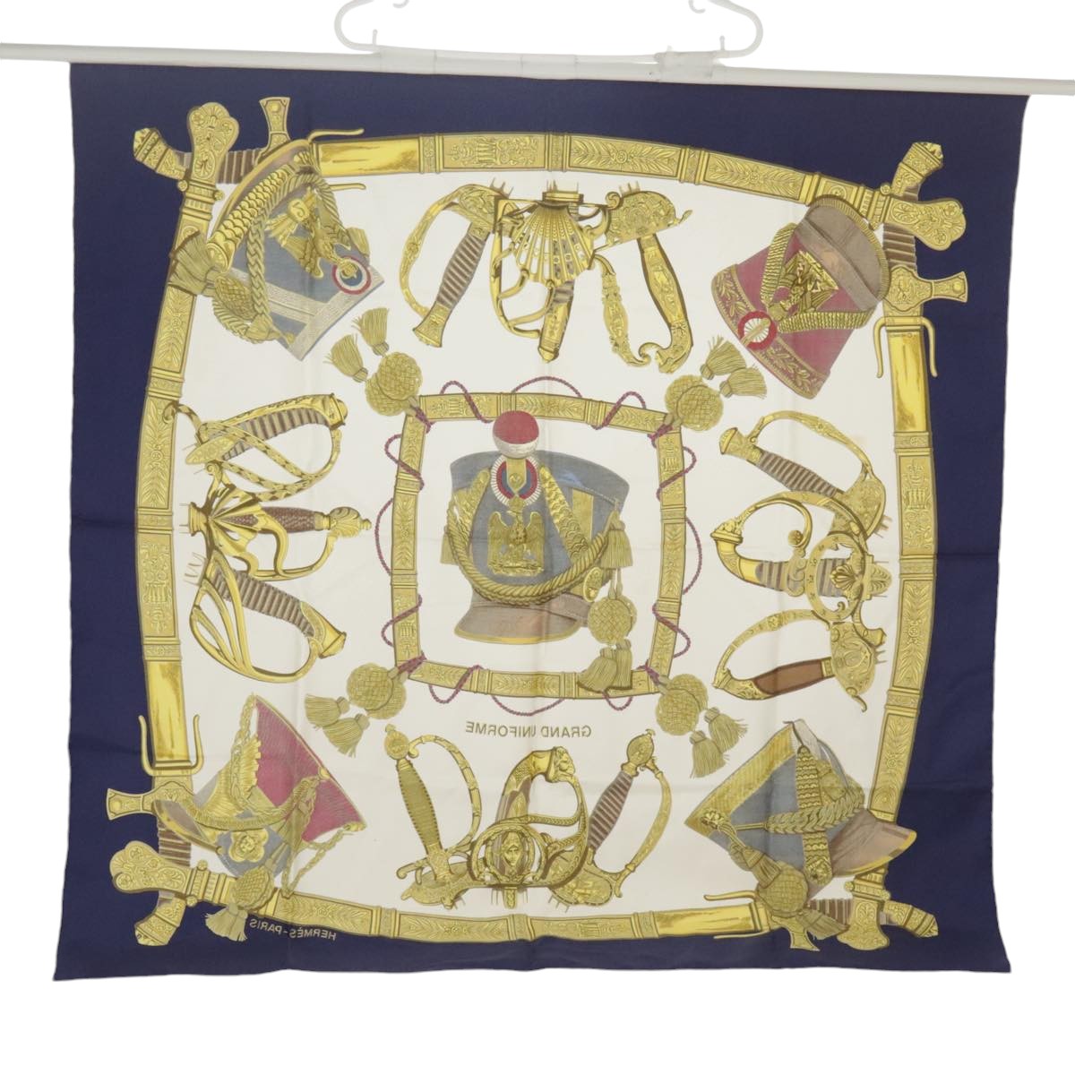 HERMES Carre 90 Scarf ""GRAND UNIFORME"" Silk Blue White Auth bs20088 - 0