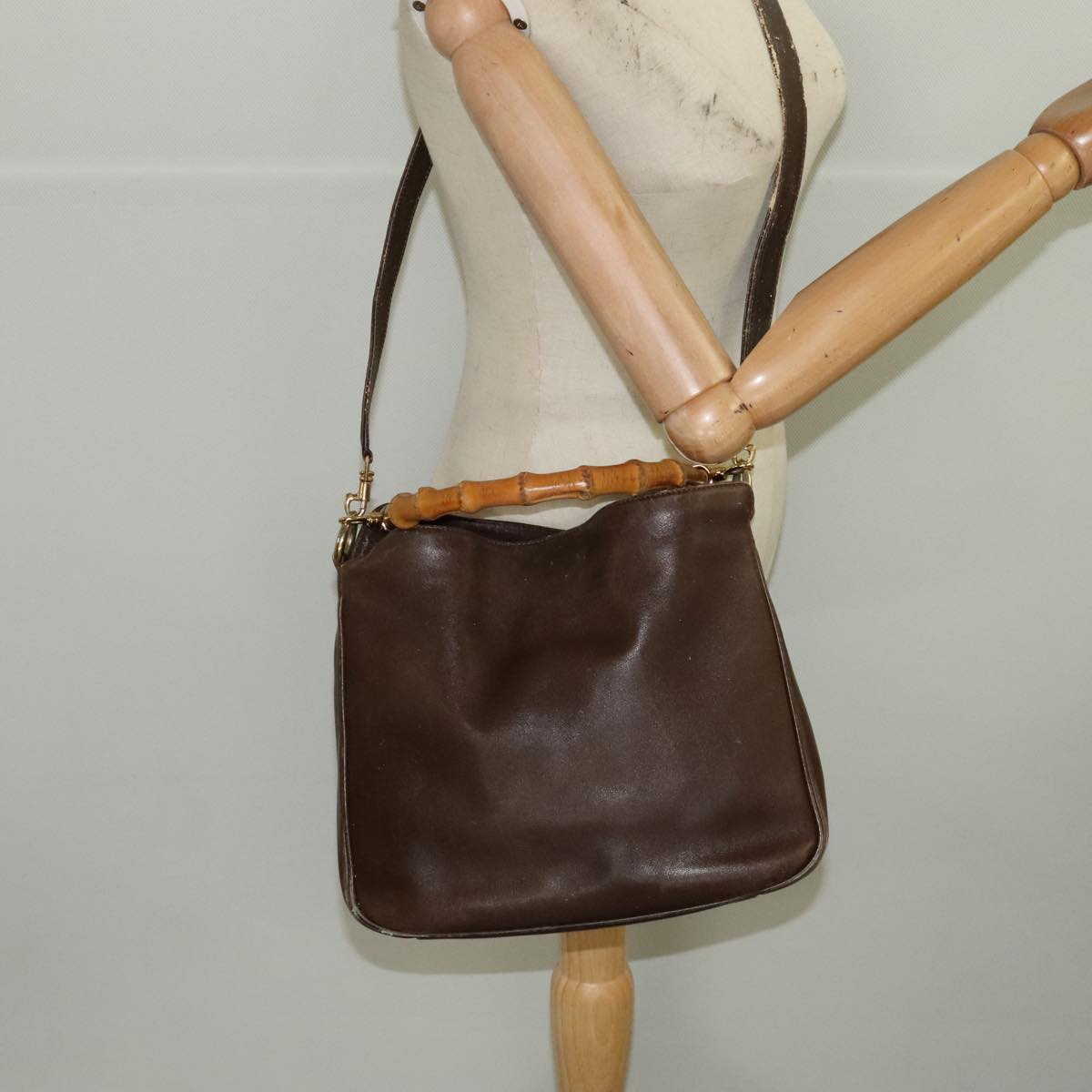 GUCCI Bamboo Hand Bag Leather 2way Brown Gold 001 3444 1638 Auth bs20098