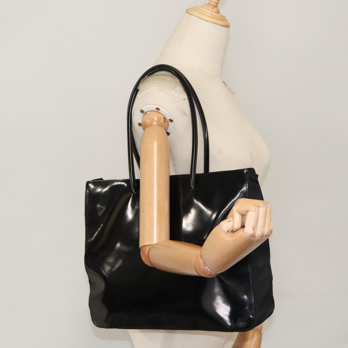 PRADA Tote Bag Patent leather Black Silver Auth bs20127