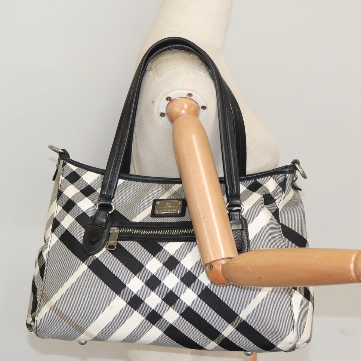 BURBERRY Nova Check Blue Label Tote Bag Canvas Gray Auth bs20129