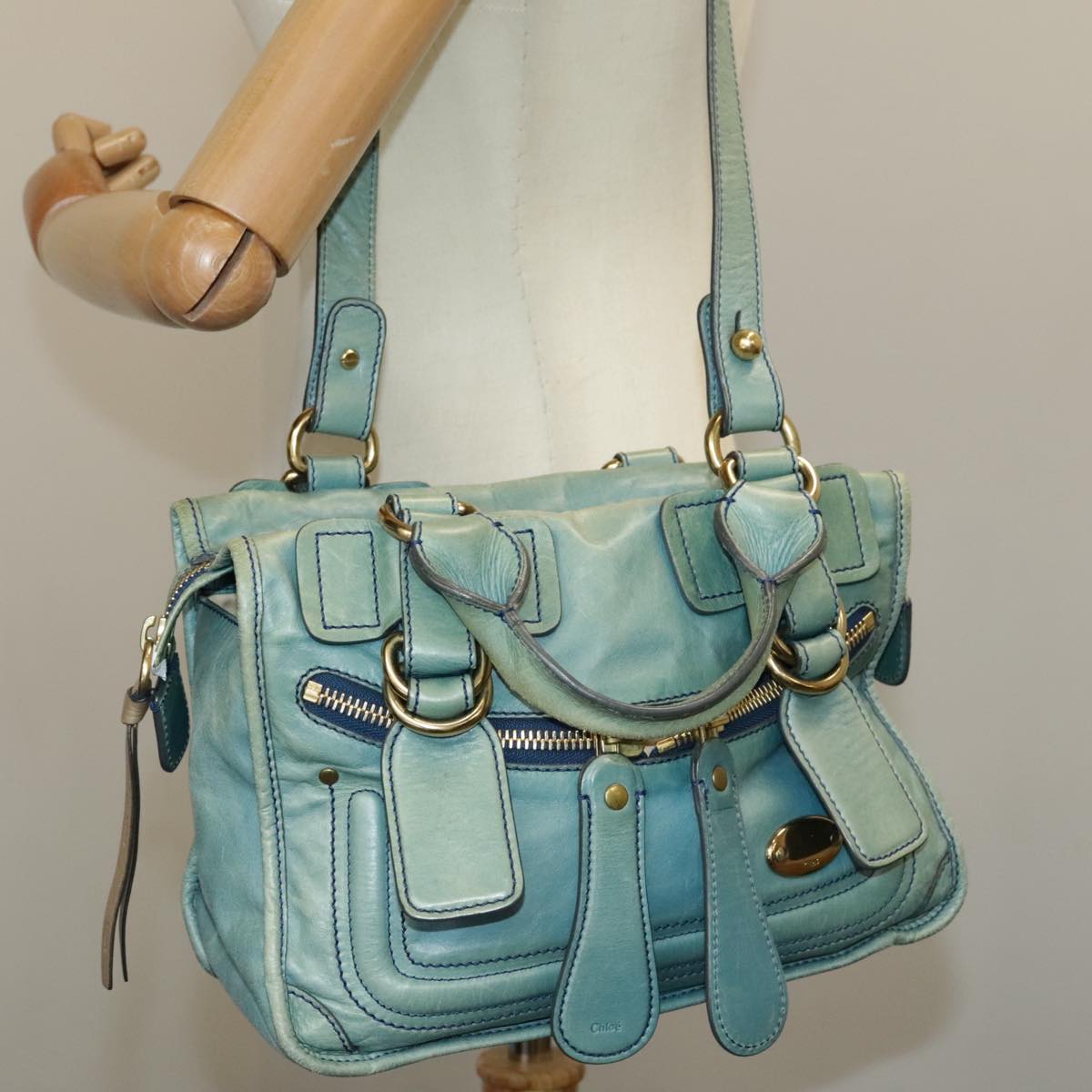 Chloe Hand Bag Leather 2way Blue Gold Auth bs20155