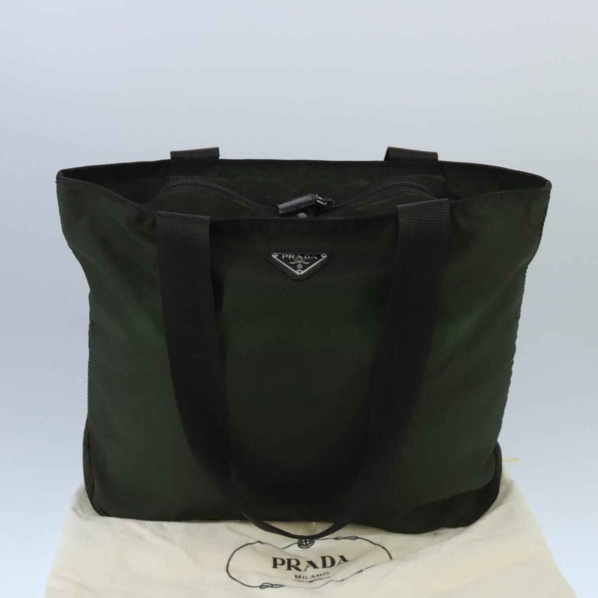 PRADA Tote Bag Nylon Khaki Brown Silver Auth bs20159