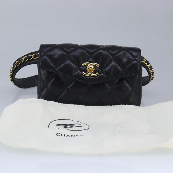 CHANEL Matelasse Chain Waist bag Lamb Skin Black Gold CC Auth bs20175