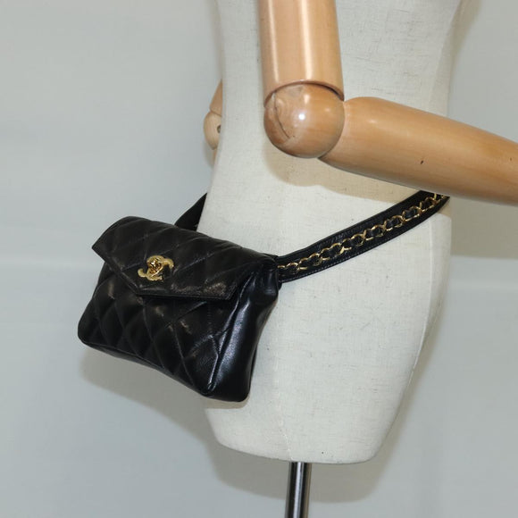 CHANEL Matelasse Chain Waist bag Lamb Skin Black Gold CC Auth bs20175