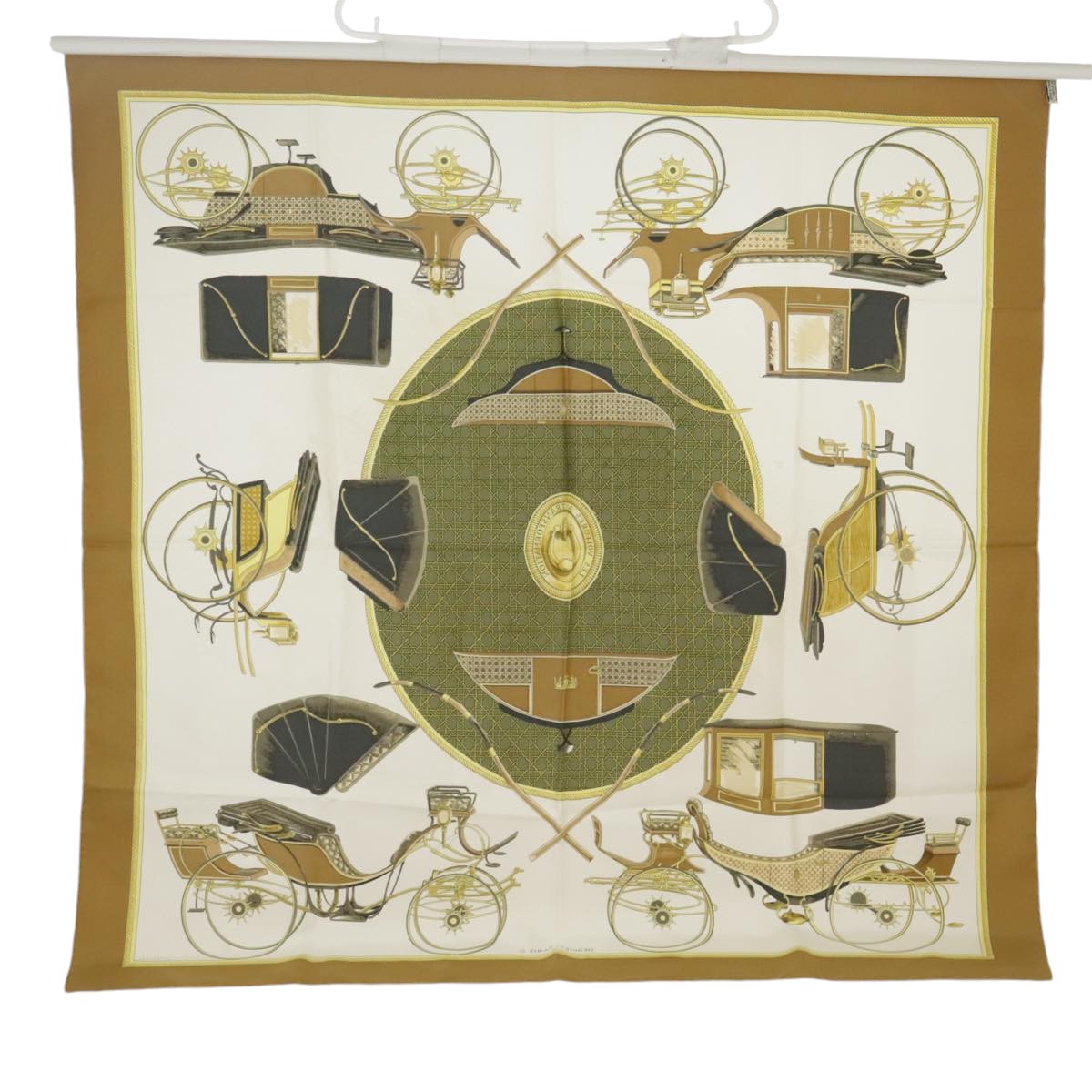 HERMES Carre 90 Scarf ""LES VOITURESA TRANSFORMATION"" Silk Brown Auth bs20212 - 0