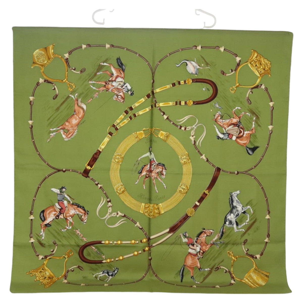 HERMES Carre 90 Scarf ""Pampa"" Silk Green Brown Auth bs20213