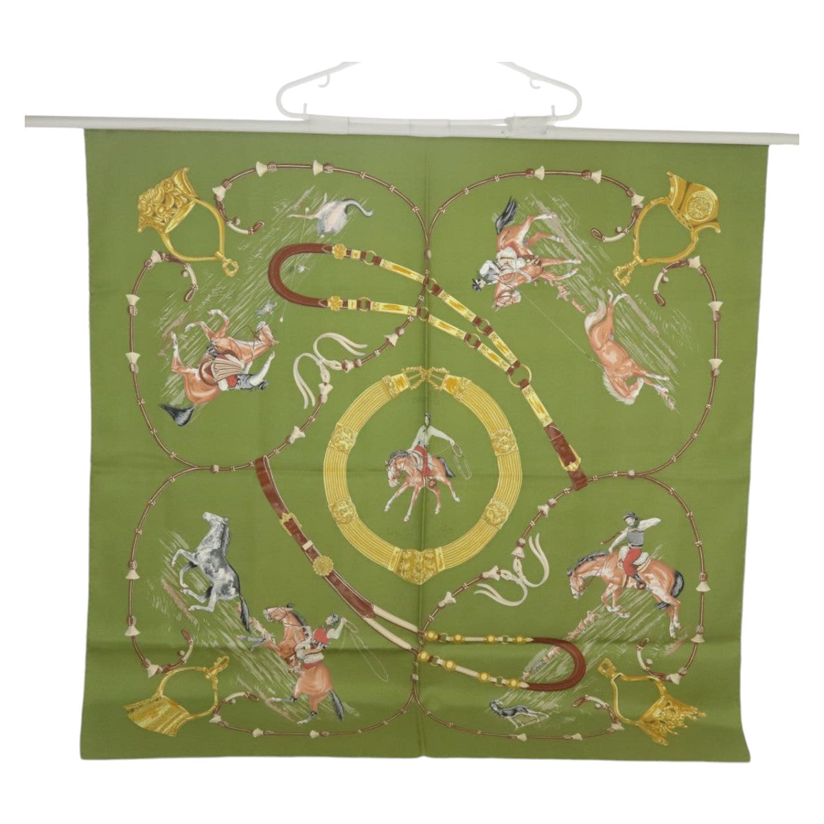 HERMES Carre 90 Scarf ""Pampa"" Silk Green Brown Auth bs20213 - 0