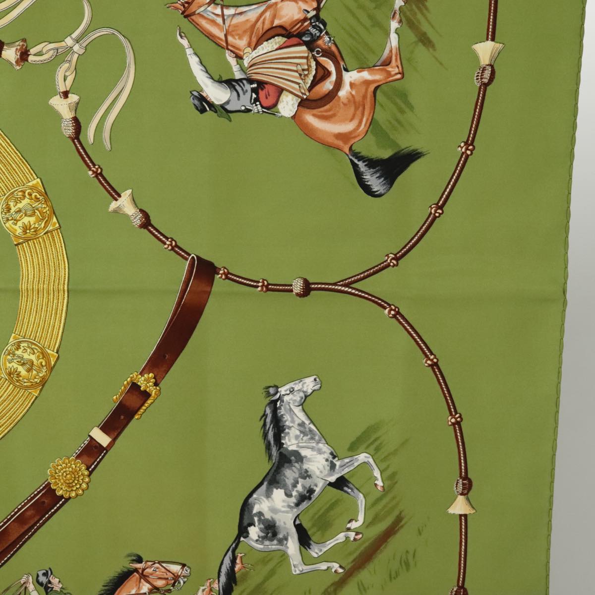 HERMES Carre 90 Scarf ""Pampa"" Silk Green Brown Auth bs20213