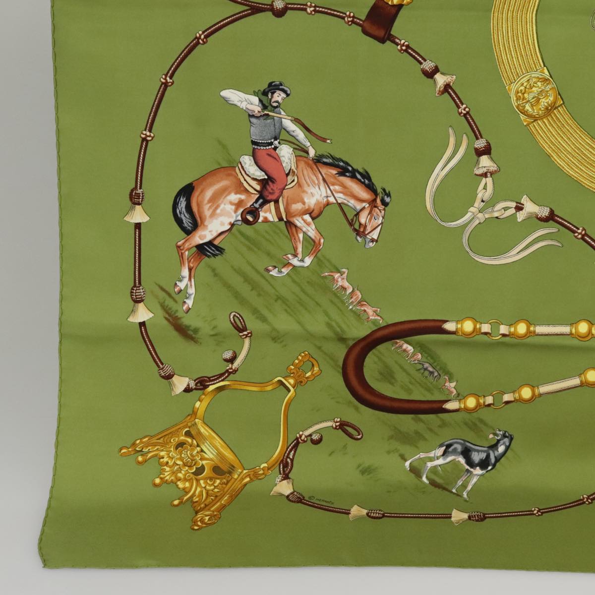 HERMES Carre 90 Scarf ""Pampa"" Silk Green Brown Auth bs20213