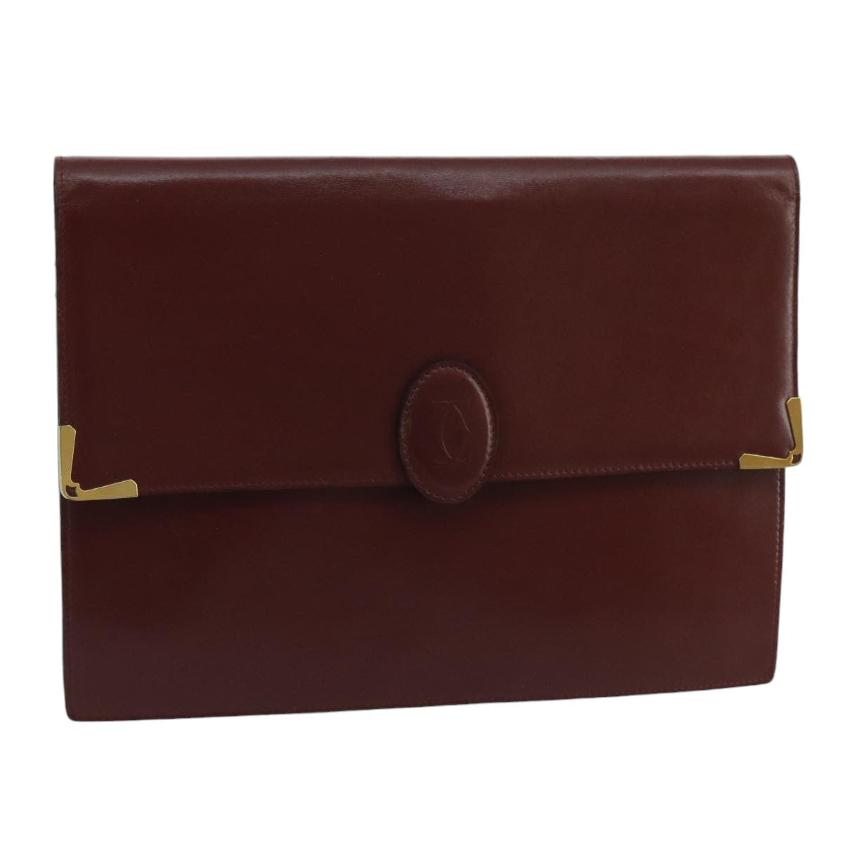 CARTIER Clutch Bag Leather Bordeaux Gold Auth bs20225