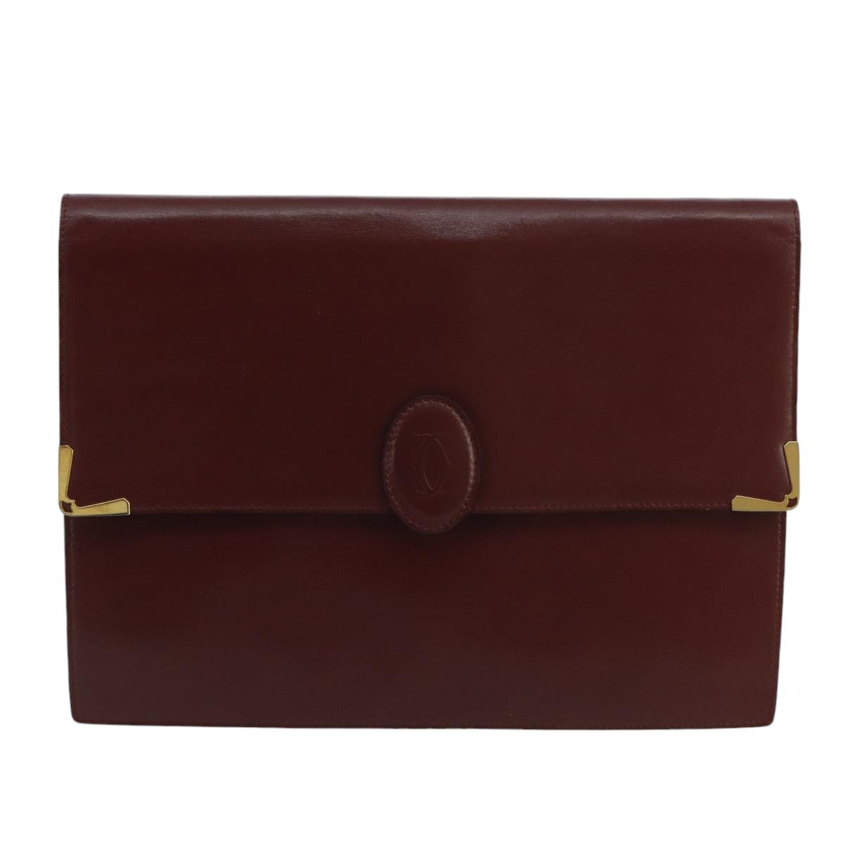 CARTIER Clutch Bag Leather Bordeaux Gold Auth bs20225