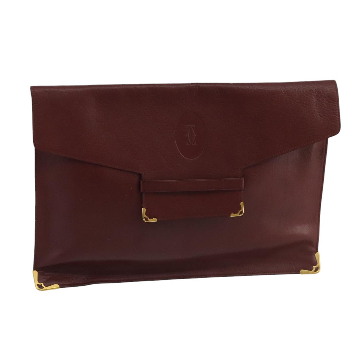 CARTIER Clutch Bag Leather Bordeaux Gold Auth bs20226