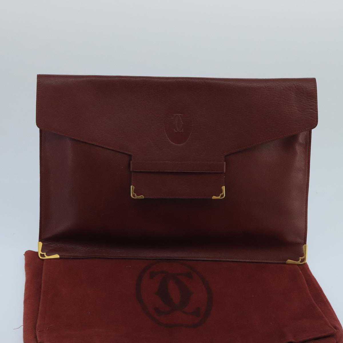 CARTIER Clutch Bag Leather Bordeaux Gold Auth bs20226