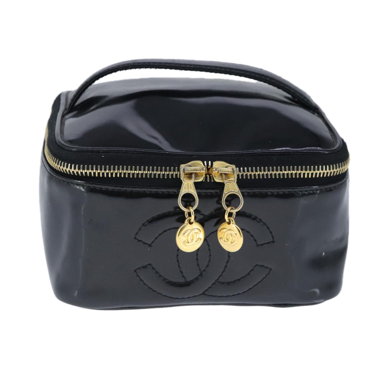 CHANEL Vanity Pouch Enamel Black Gold CC Auth bs20243 - 0