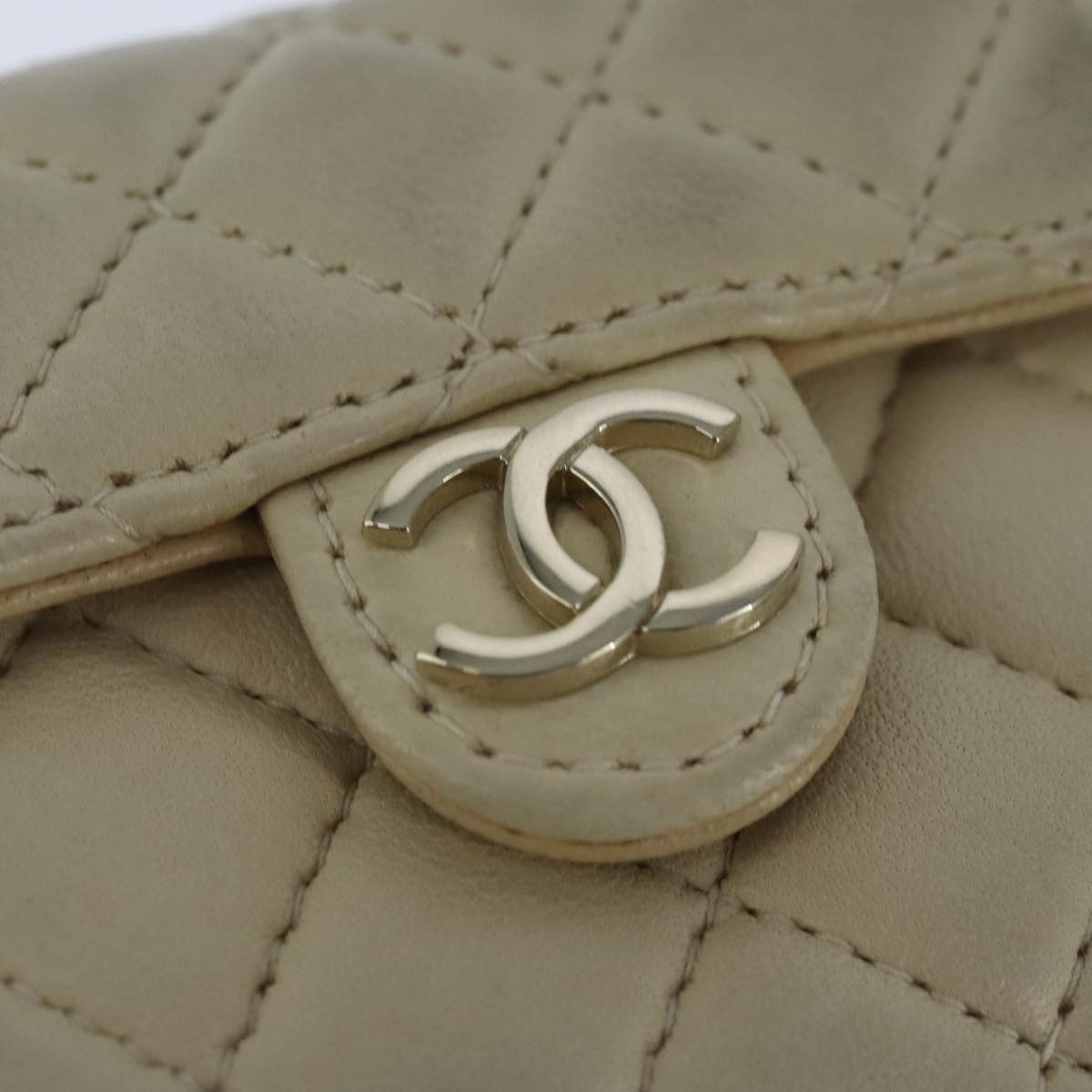 CHANEL Mini Mini Matelasse Charm Lamb Skin Beige CC Auth bs20245